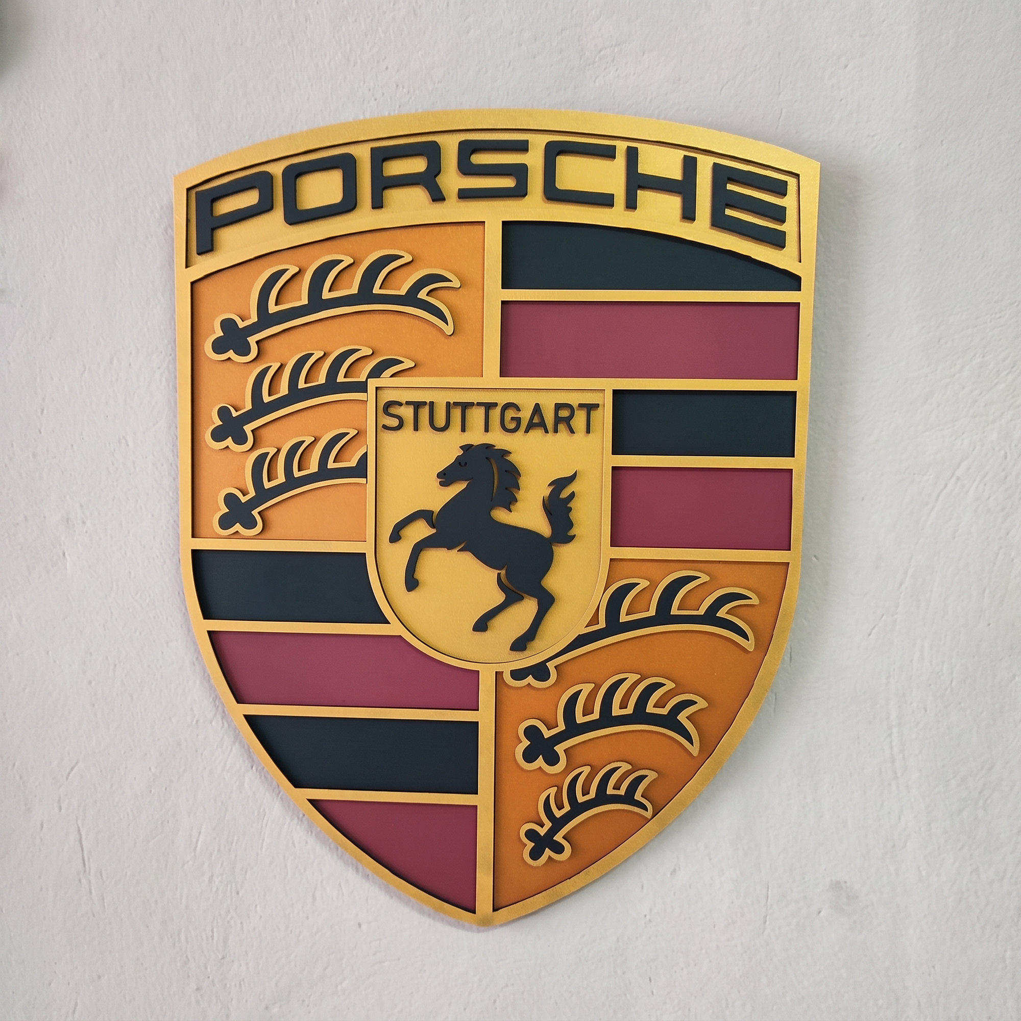 3D Porsche Crest Wooden Wall Art: Luxury Automotive Interior Design